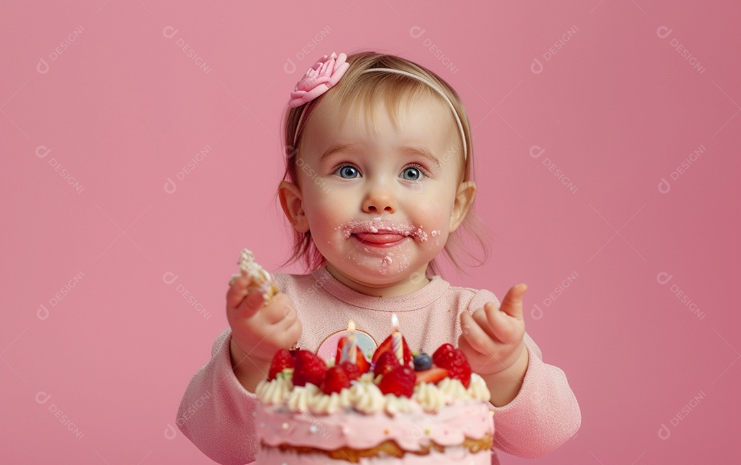 Menina com bolo mostrando sobremesa em cor sólida