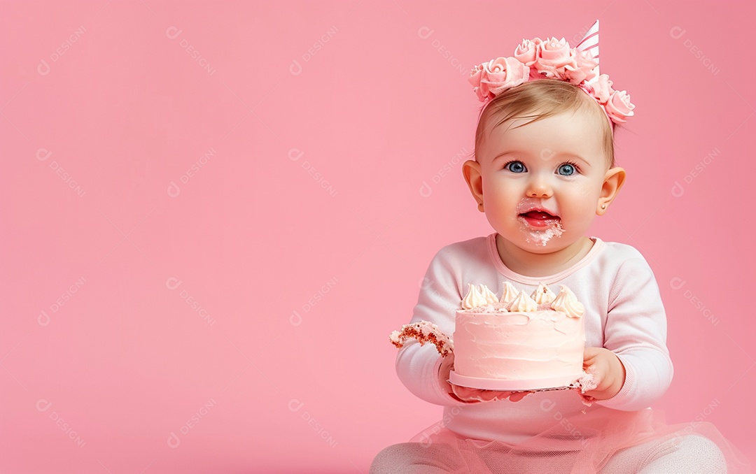 Menina com bolo mostrando sobremesa em cor sólida