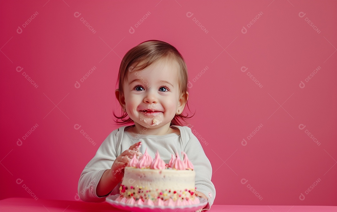 Menina com bolo mostrando sobremesa em cor sólida