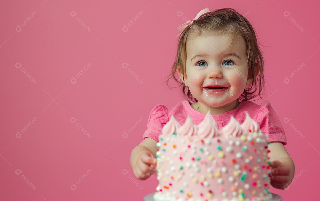 Menina com bolo mostrando sobremesa em cor sólida