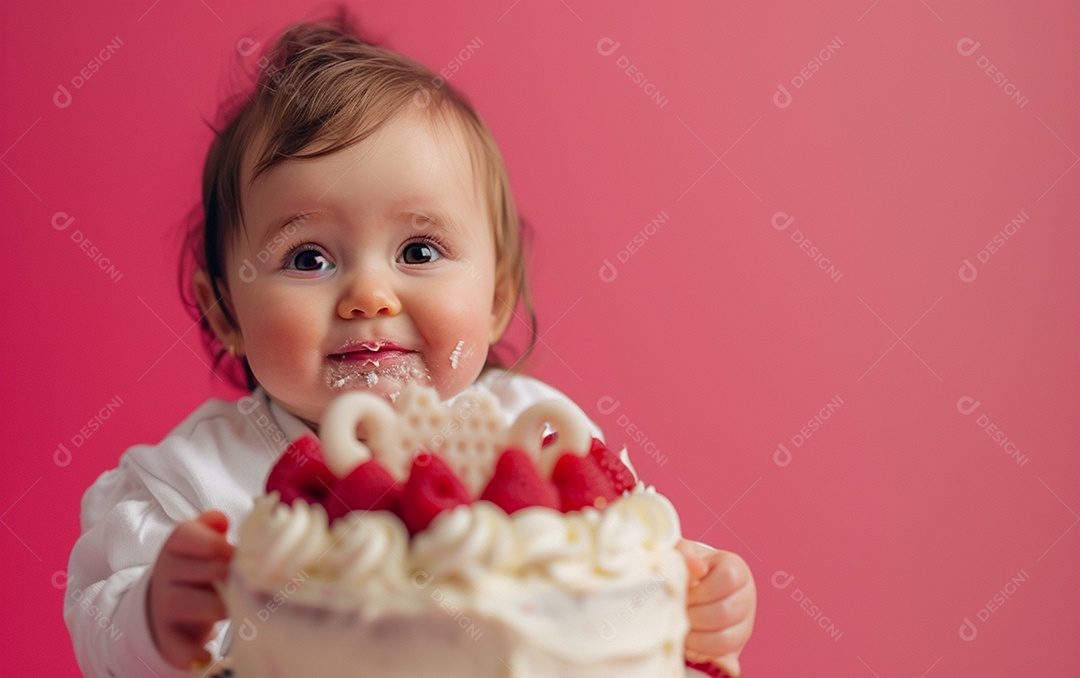 Menina com bolo mostrando sobremesa em cor sólida