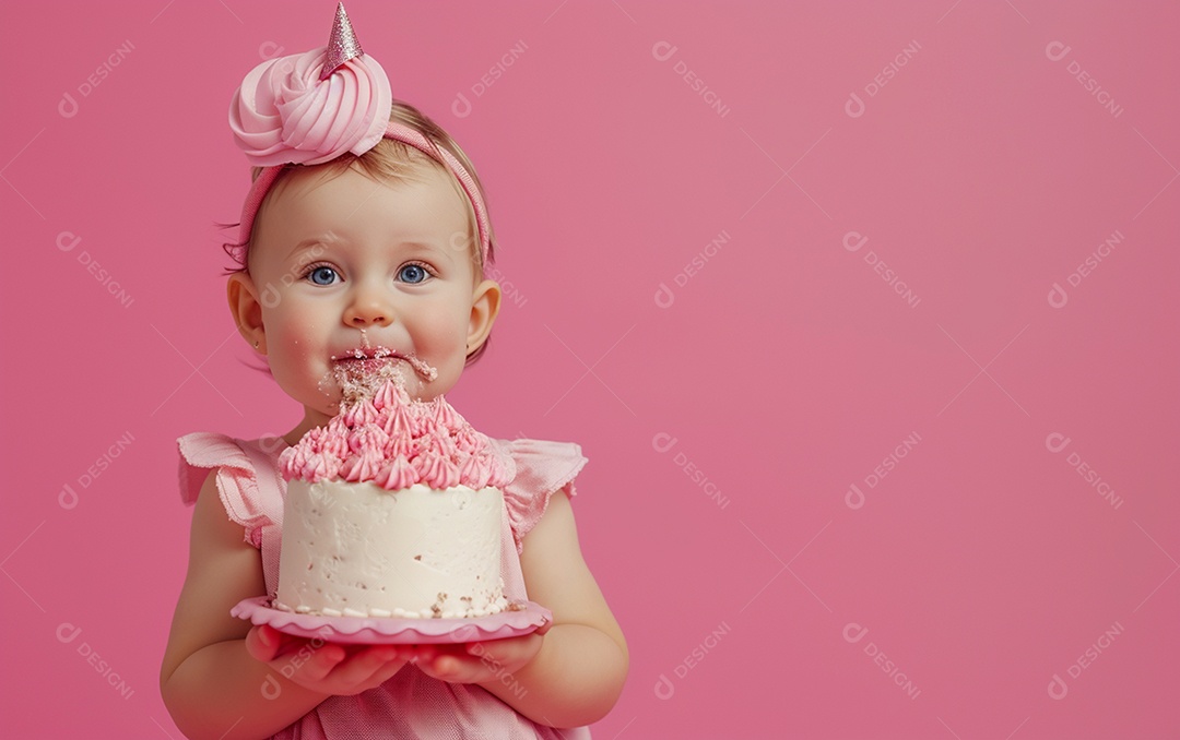 Menina com bolo mostrando sobremesa em cor sólida