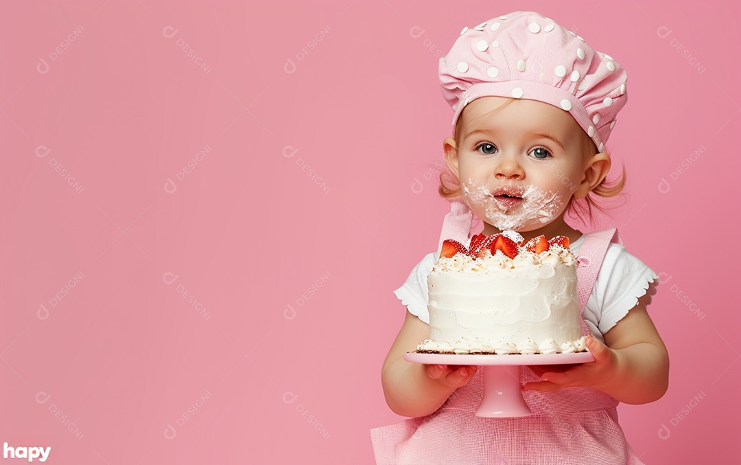 Menina com bolo mostrando sobremesa em cor sólida