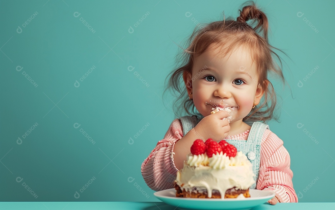 Menina com bolo mostrando sobremesa em cor sólida
