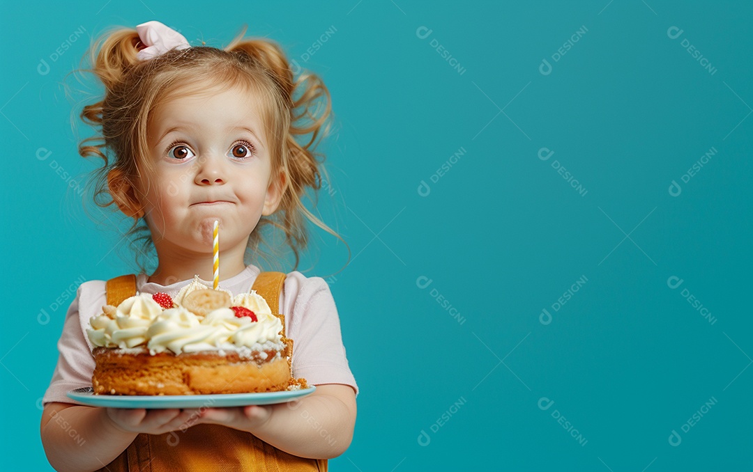 Menina com bolo mostrando sobremesa em cor sólida