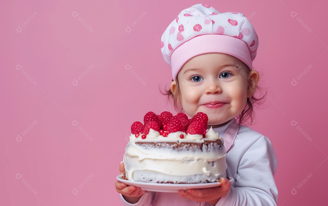 Menina com bolo mostrando sobremesa em cor sólida