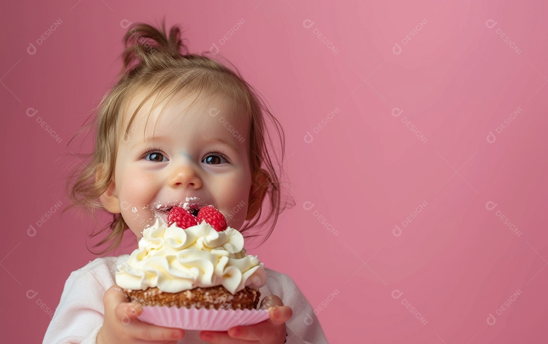 Menina com bolo mostrando sobremesa em cor sólida