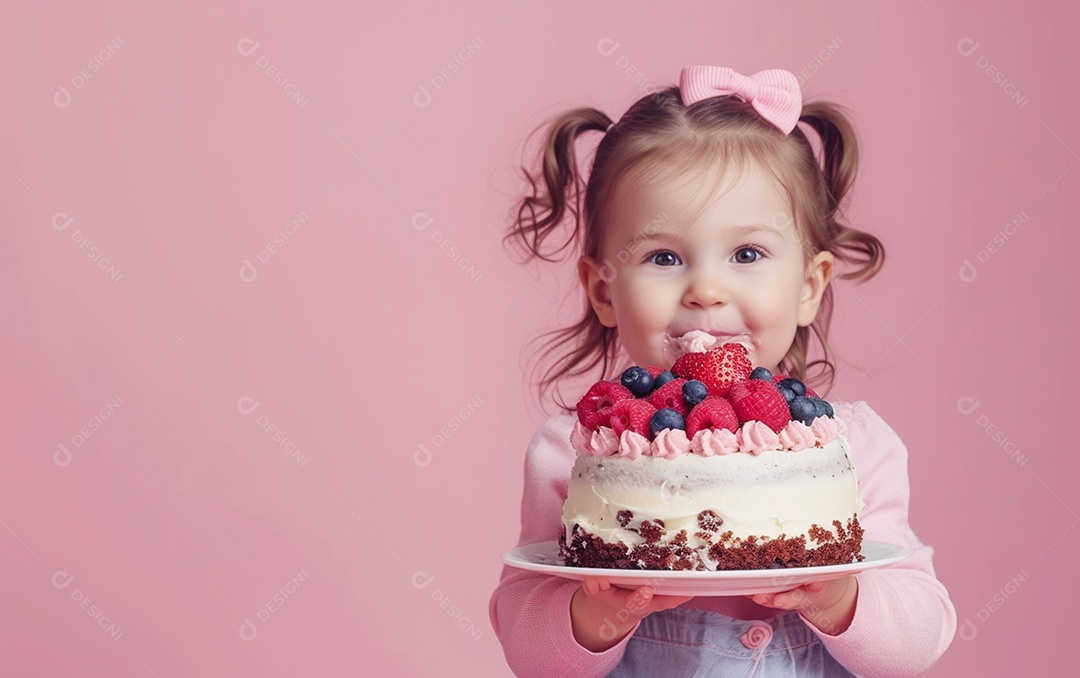 Menina com bolo mostrando sobremesa em cor sólida