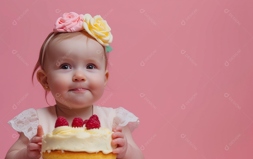 Menina com bolo mostrando sobremesa em cor sólida