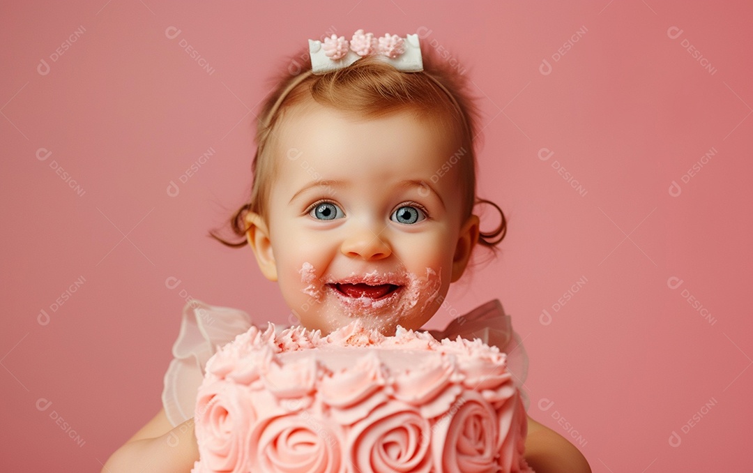 Menina com bolo mostrando sobremesa em cor sólida