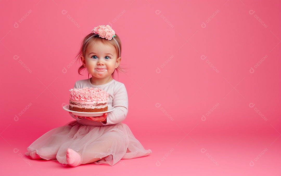Menina com bolo mostrando sobremesa em cor sólida