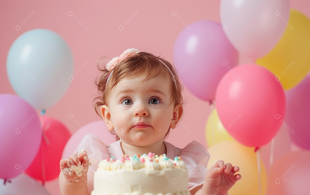 Menina com bolo mostrando sobremesa em cor sólida