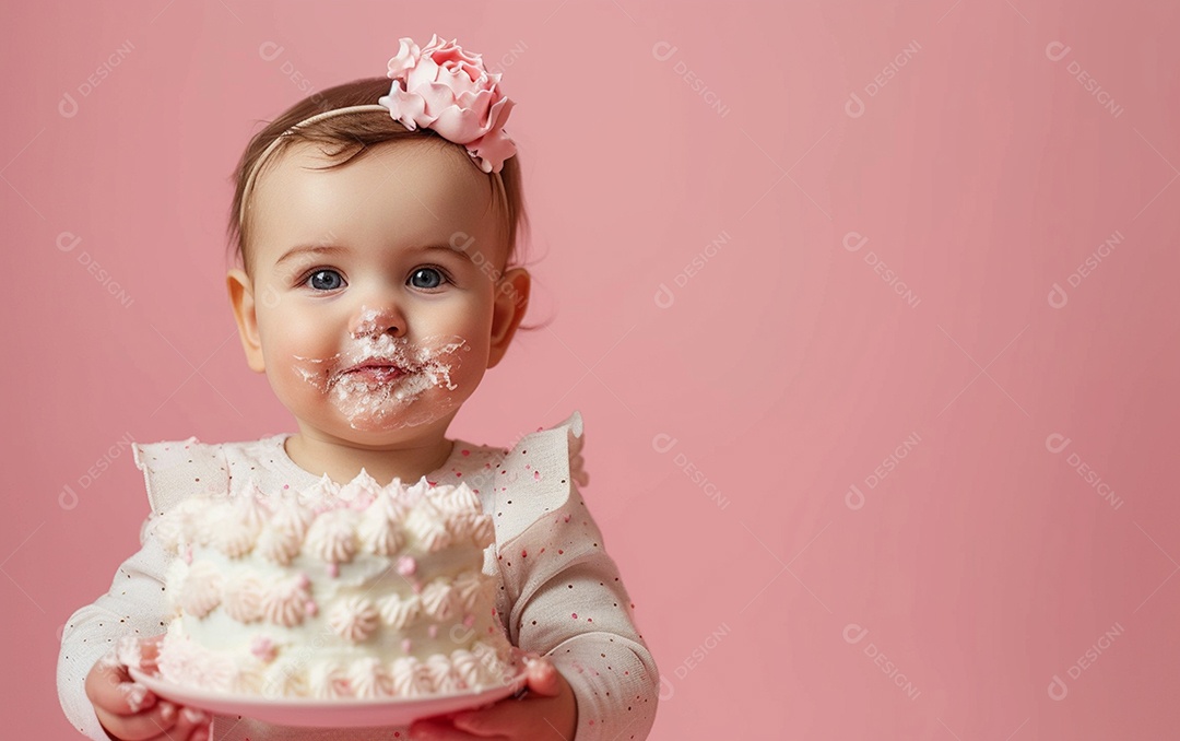 Menina com bolo mostrando sobremesa em cor sólida