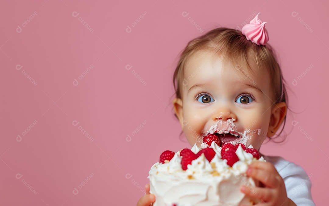 Menina com bolo mostrando sobremesa em cor sólida
