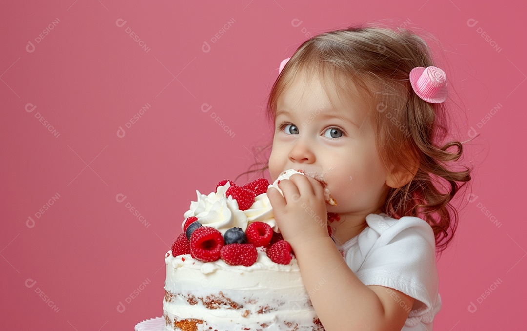 Menina com bolo mostrando sobremesa em cor sólida