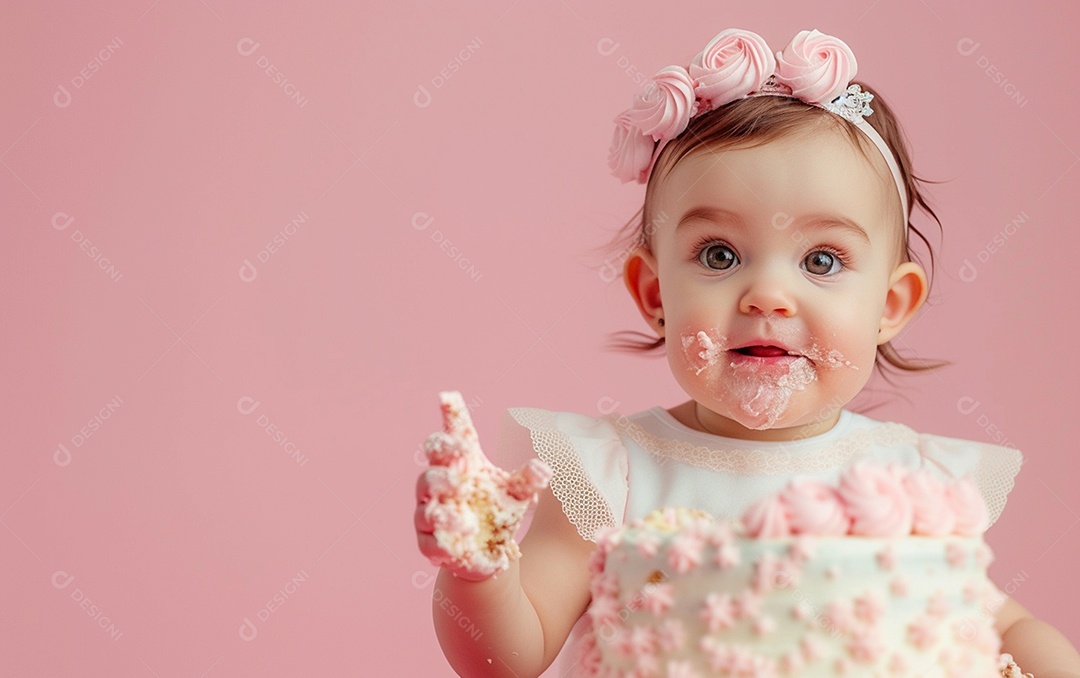 Menina com bolo mostrando sobremesa em cor sólida