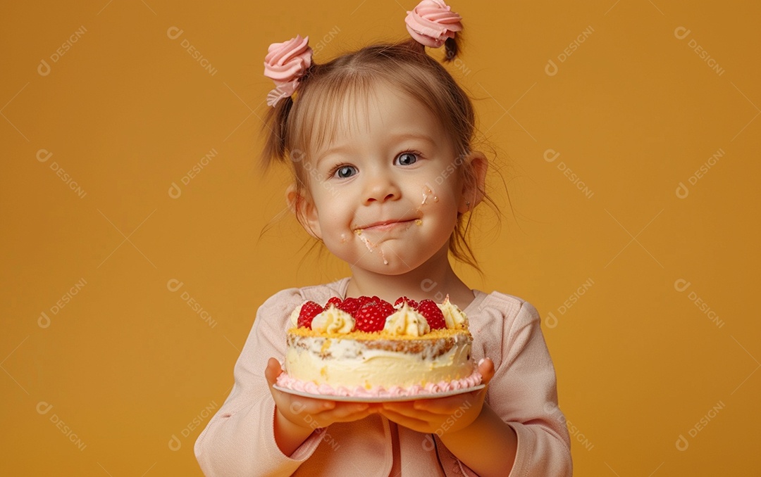 Menina com bolo mostrando sobremesa em cor sólida
