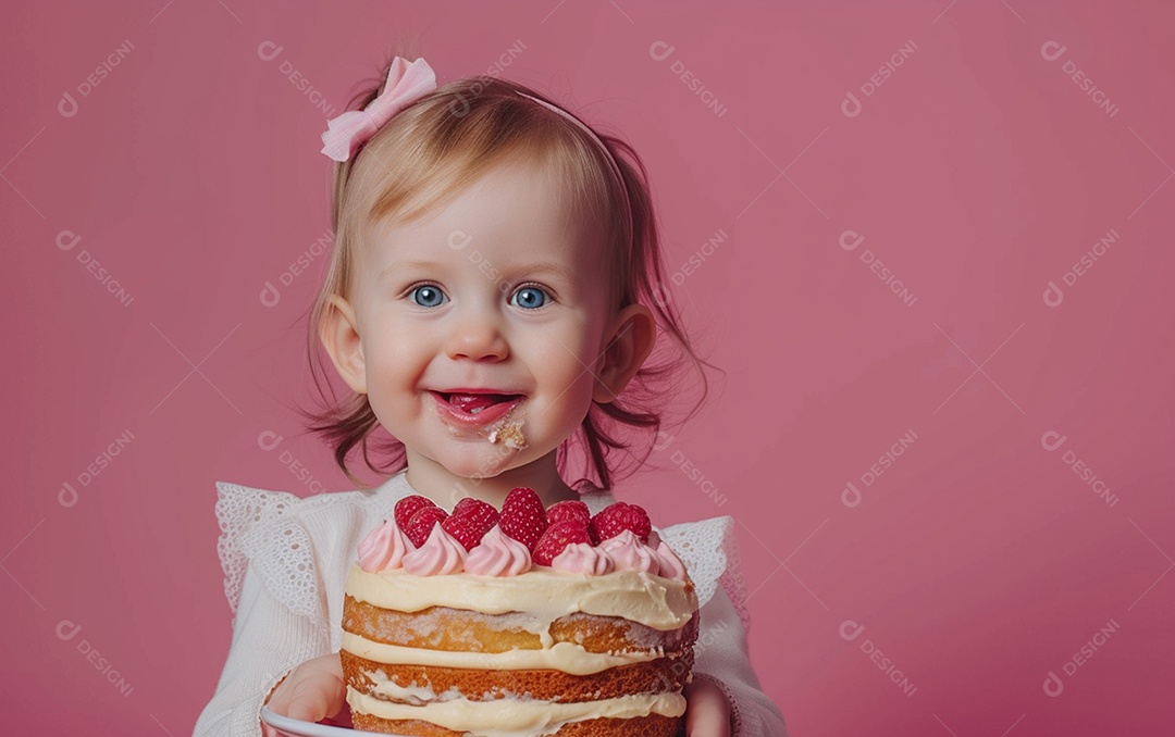 Menina com bolo mostrando sobremesa em cor sólida