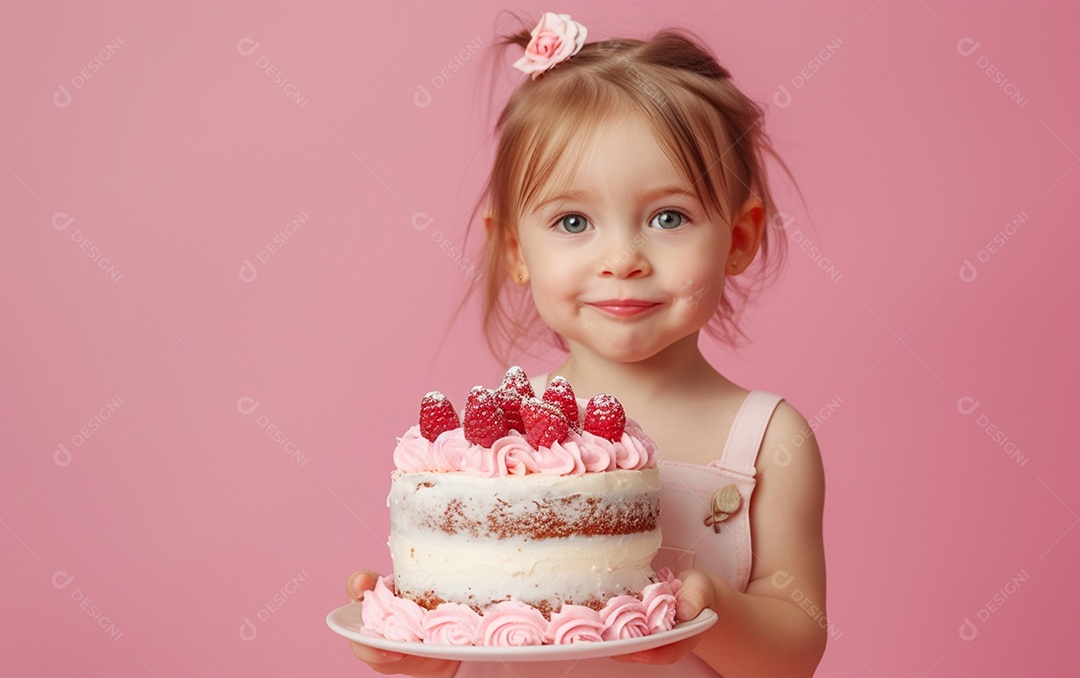 Menina com bolo mostrando sobremesa em cor sólida