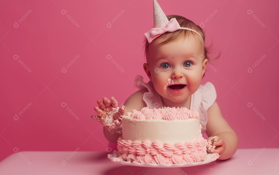 Menina com bolo mostrando sobremesa em cor sólida