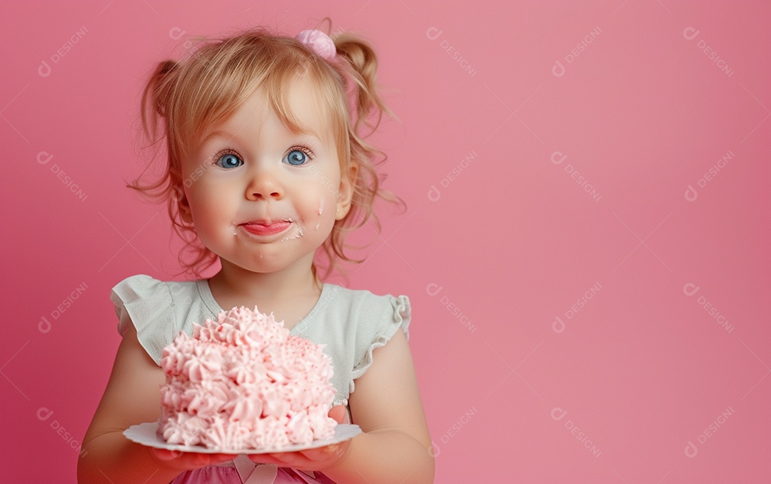 Menina com bolo mostrando sobremesa em cor sólida