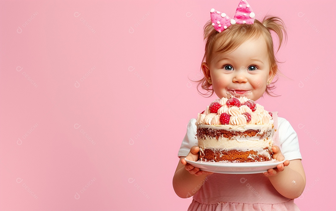 Menina com bolo mostrando sobremesa em cor sólida