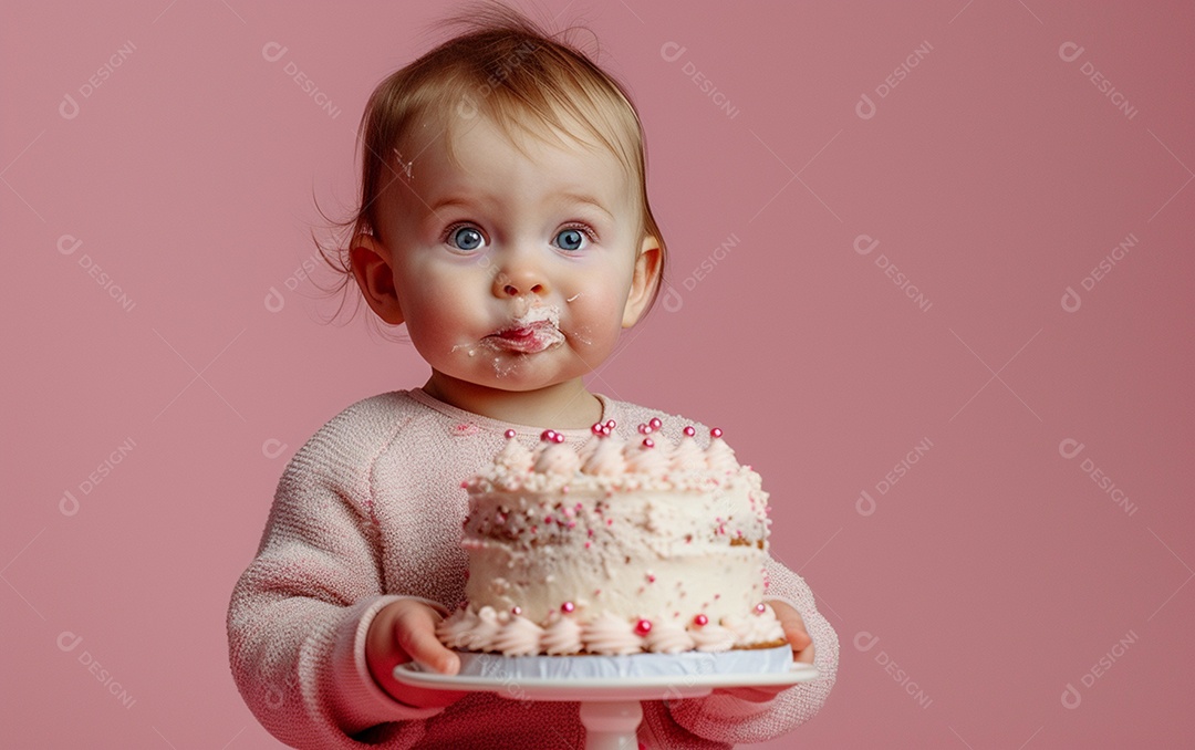 Menina com bolo mostrando sobremesa em cor sólida