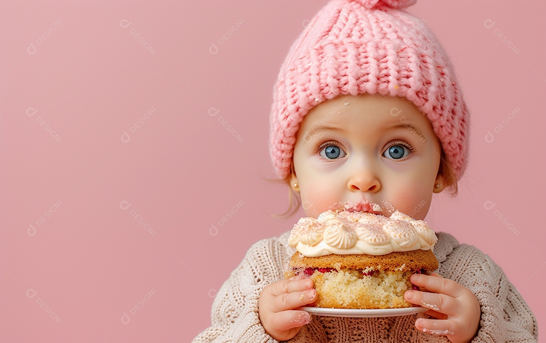 Menina com bolo mostrando sobremesa em cor sólida