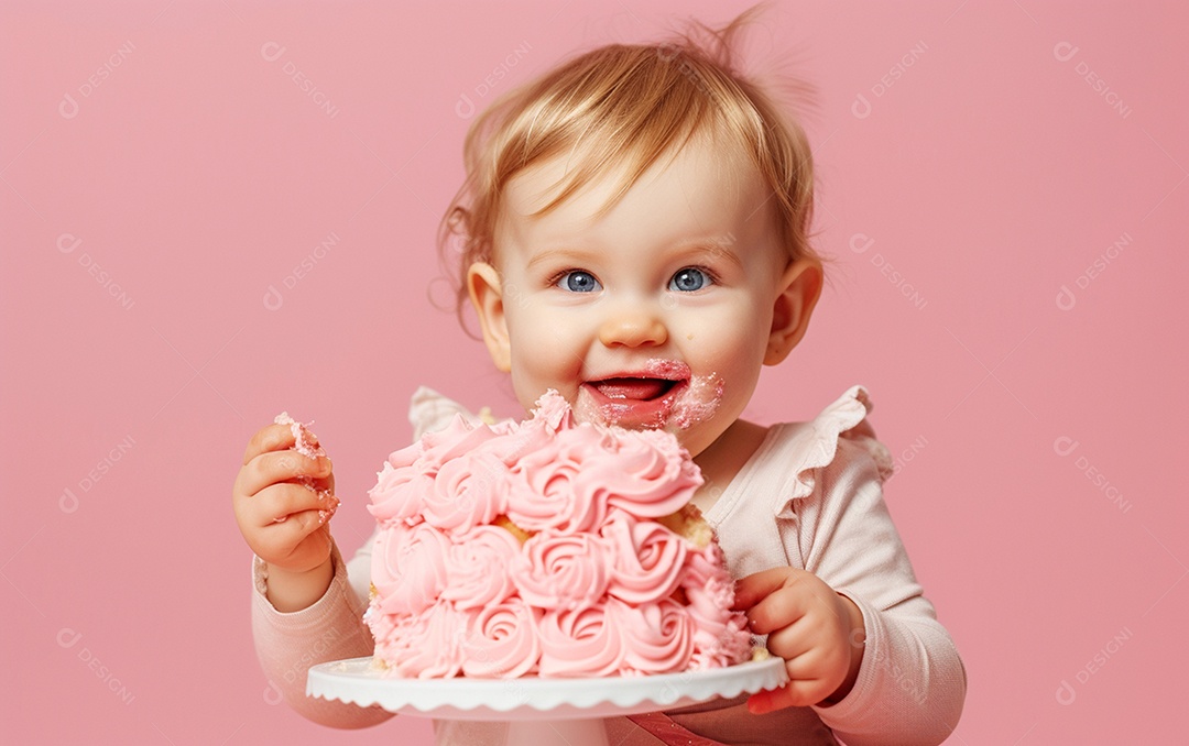 Menina com bolo mostrando sobremesa em cor sólida