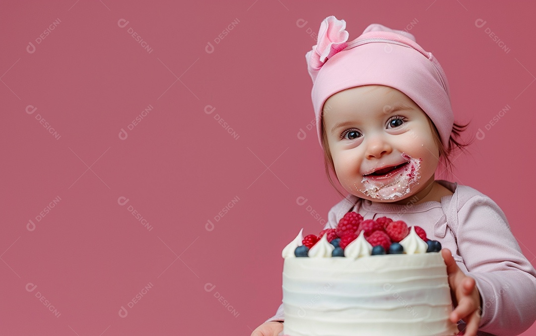 Menina com bolo mostrando sobremesa em cor sólida