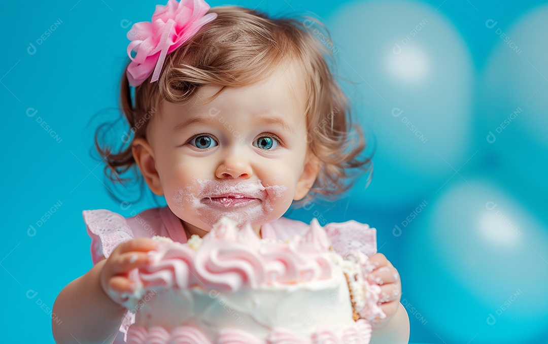 Menina com bolo mostrando sobremesa em cor sólida