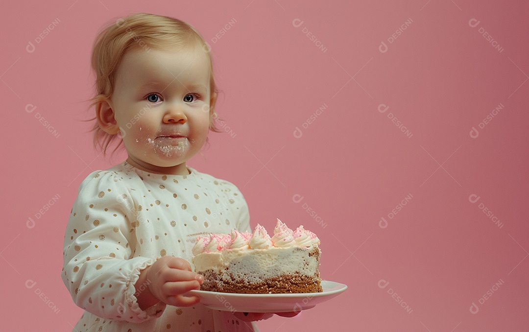 Menina com bolo mostrando sobremesa em cor sólida