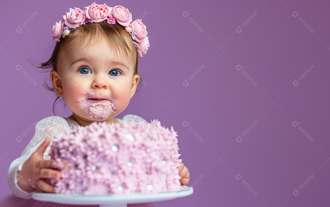 Menina com bolo mostrando sobremesa em cor sólida