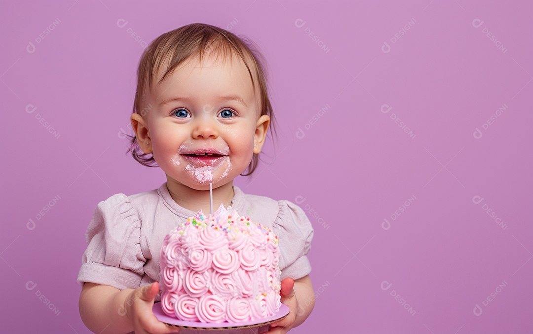 Menina com bolo mostrando sobremesa em cor sólida