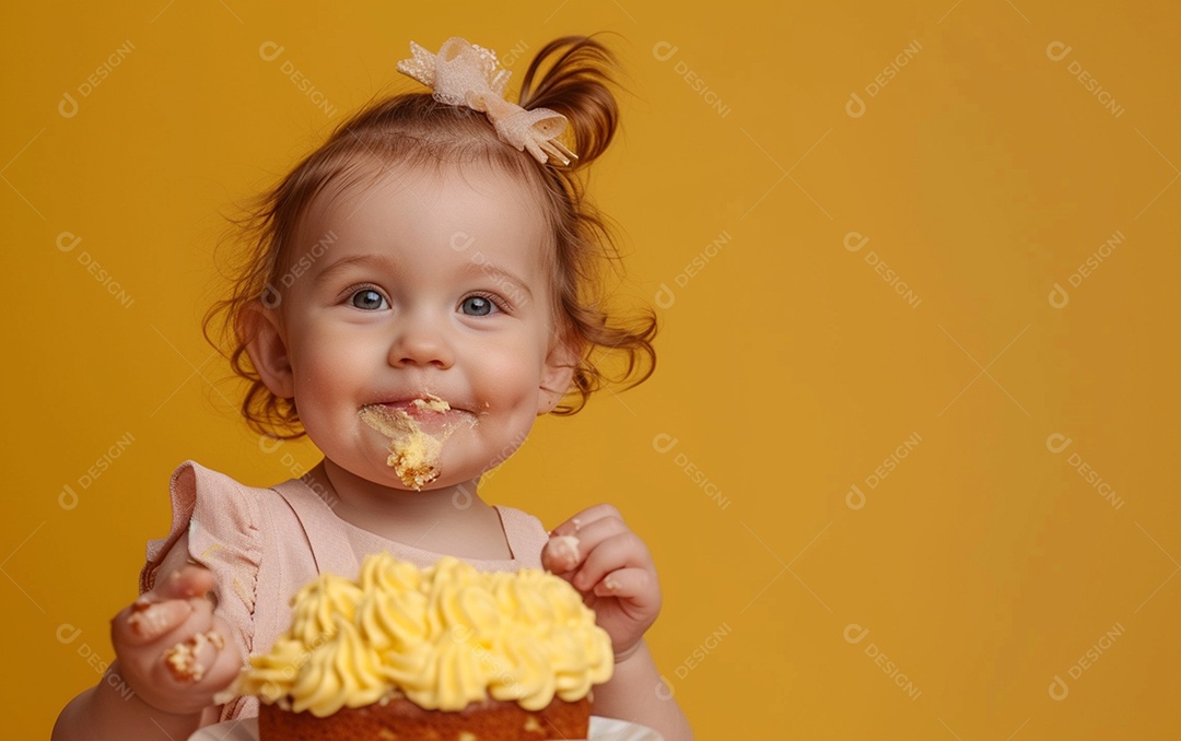 Menina com bolo mostrando sobremesa em cor sólida