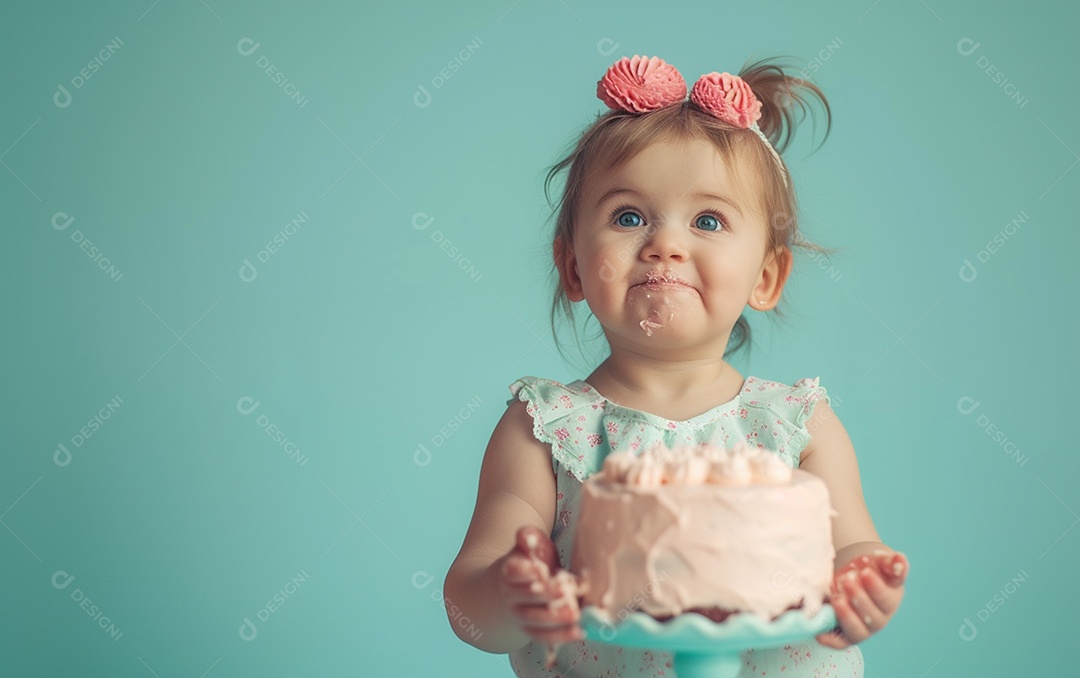 Menino com bolo mostrando sobremesa em fundo de cor sólida