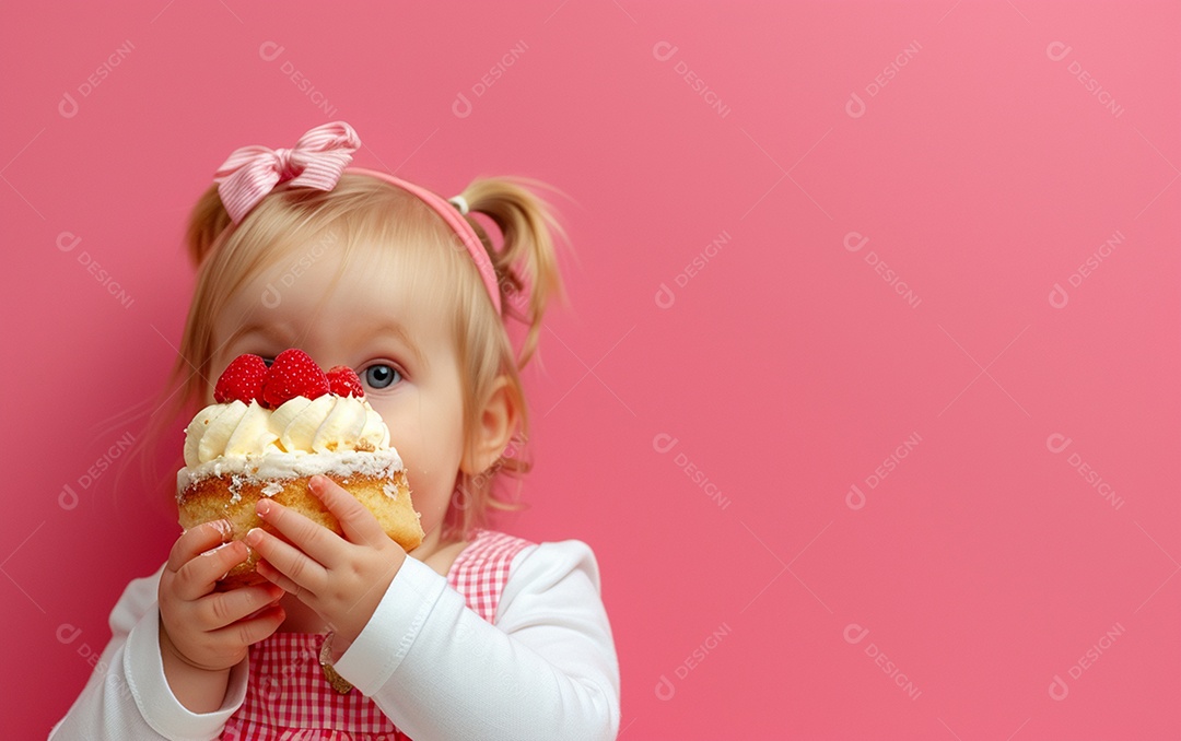 Menina com bolo mostrando sobremesa em cor sólida