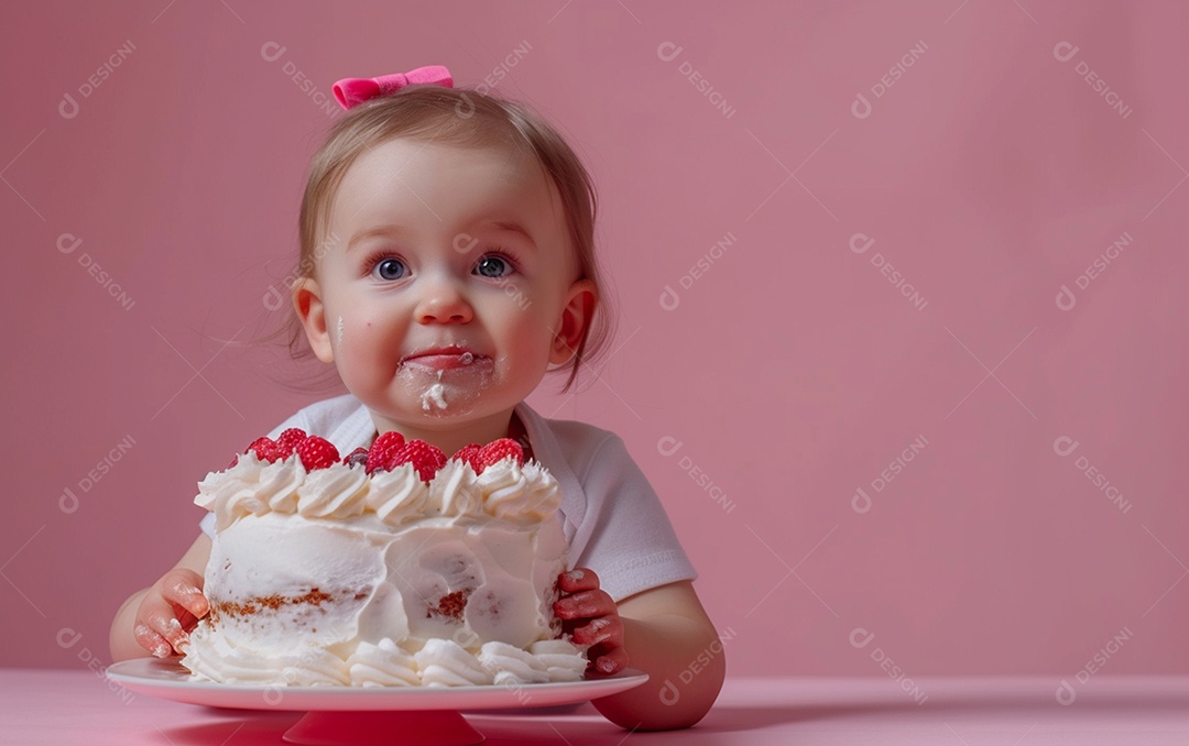 Menina com bolo mostrando sobremesa em cor sólida