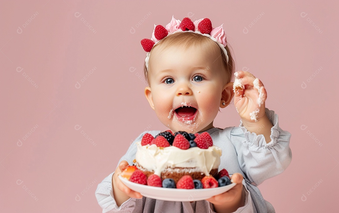 Menina com bolo mostrando sobremesa em cor sólida