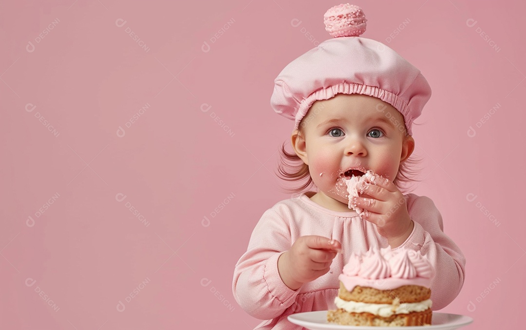 Menina com bolo mostrando sobremesa em cor sólida