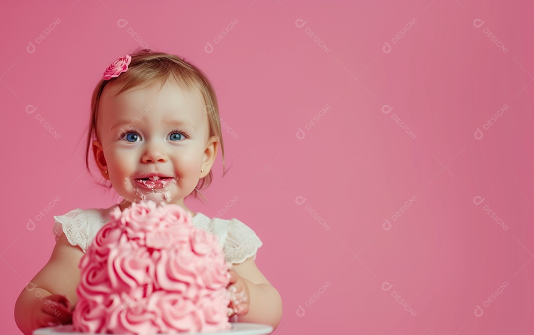 Menina com bolo mostrando sobremesa em cor sólida