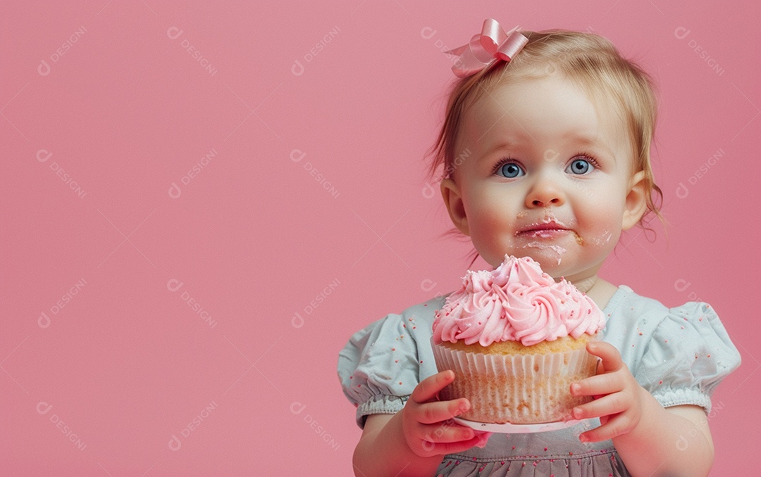Menina com bolo mostrando sobremesa em cor sólida