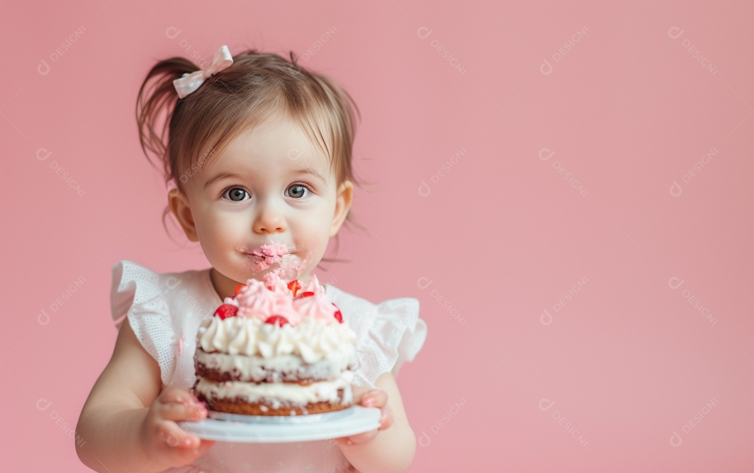Menina com bolo mostrando sobremesa em cor sólida