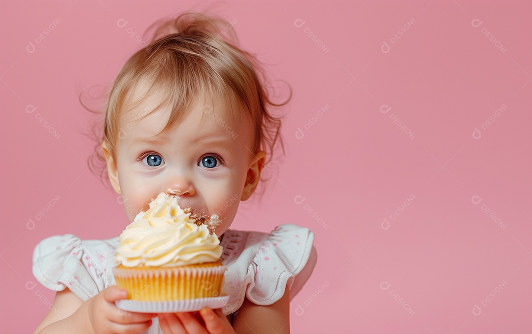 Menina com bolo mostrando sobremesa em cor sólida