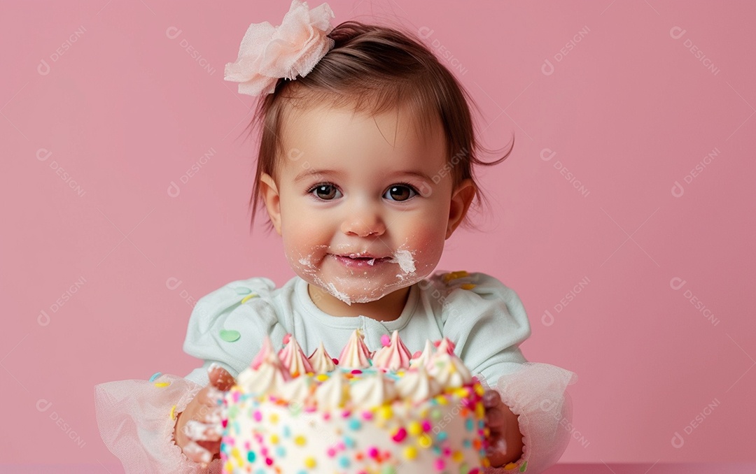 Menina com bolo mostrando sobremesa em cor sólida