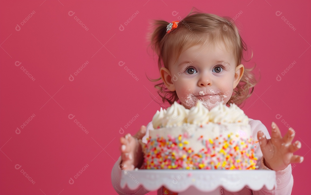 Menina com bolo mostrando sobremesa em cor sólida