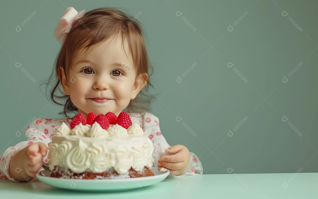 Menina com bolo mostrando sobremesa em cor sólida