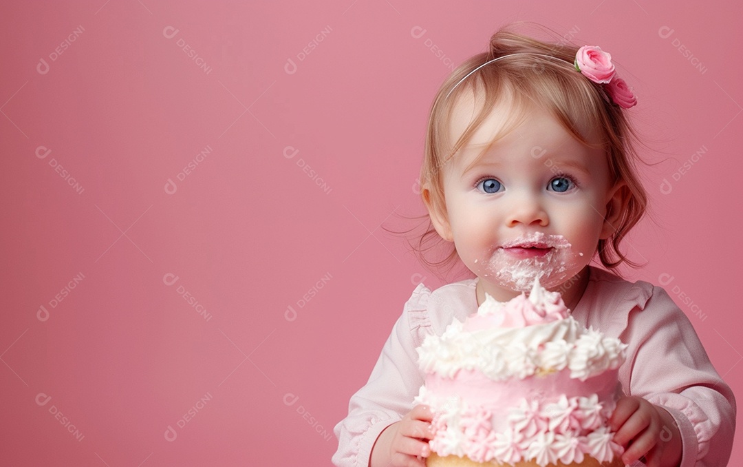 Menina com bolo mostrando sobremesa em cor sólida