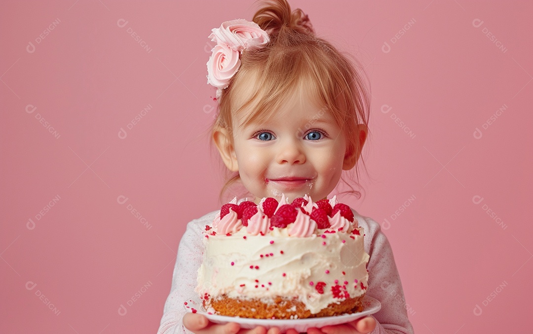 Menina com bolo mostrando sobremesa em cor sólida