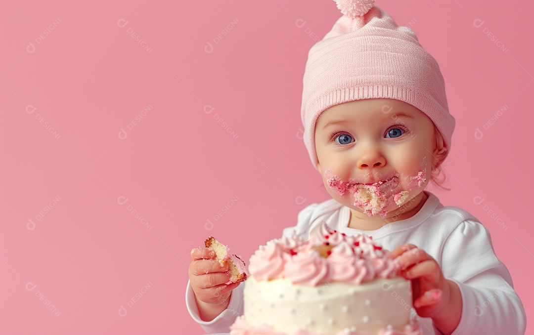 Menina com bolo mostrando sobremesa em cor sólida